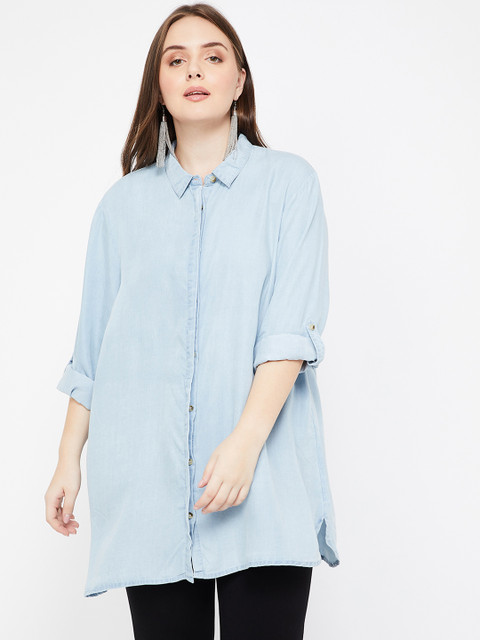

nexus Plus Size Women Blue Solid Shirt Style Top
