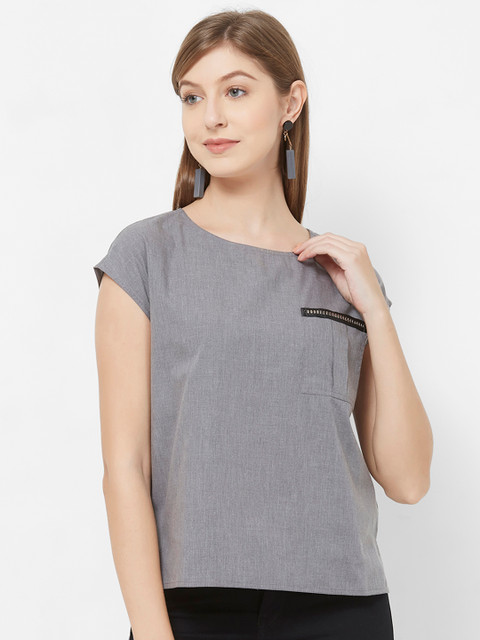 

109F Women Grey Solid High-Low Top