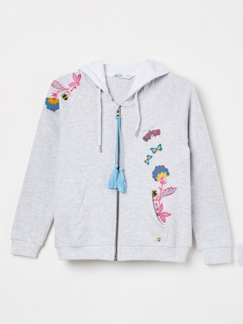 

Bossini Girls Grey Melange Printed Hooded Sweatshirt