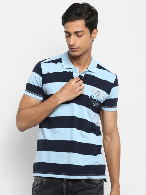 

Mufti Men Turquoise Blue Striped Polo Collar T-shirt
