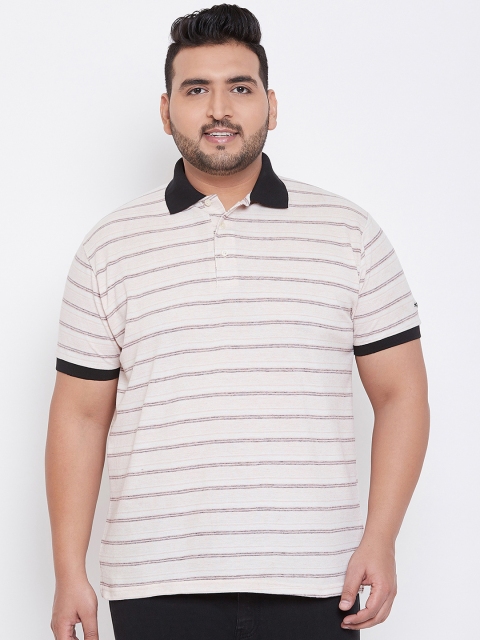

bigbanana Plus Size Men White Striped Polo Collar Bio Finish T-shirt
