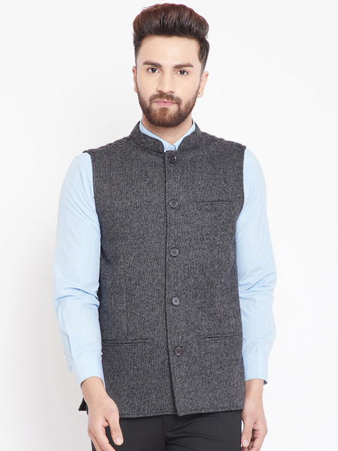 

even Men Grey Solid Pure Woollen Woven Nehru Jacket