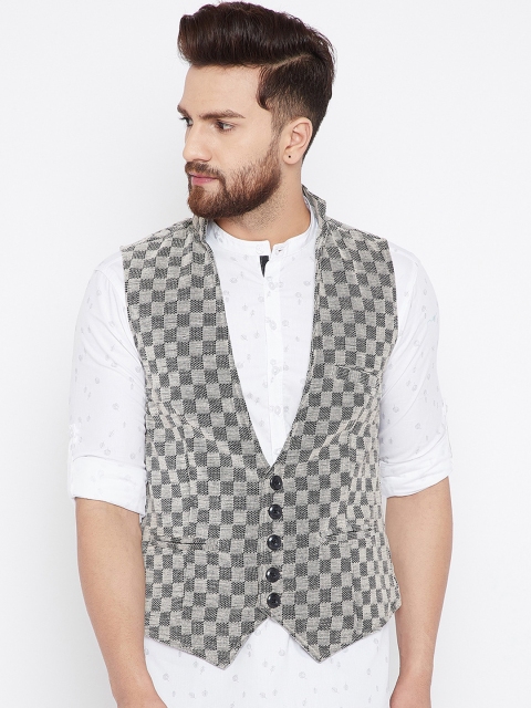 

even Men Beige & Black Checked Corduroy Waistcoat