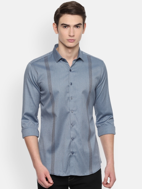 

V Dot Men Blue & Grey Skinny Fit Striped Casual Shirt