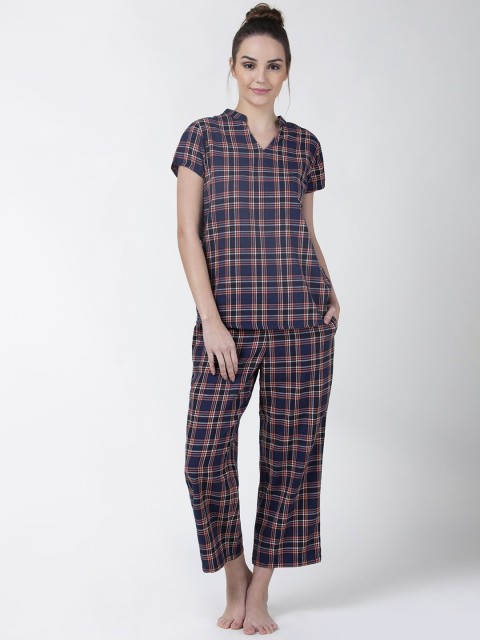 

ADORENITE Women Blue & Pink Checked Night suit