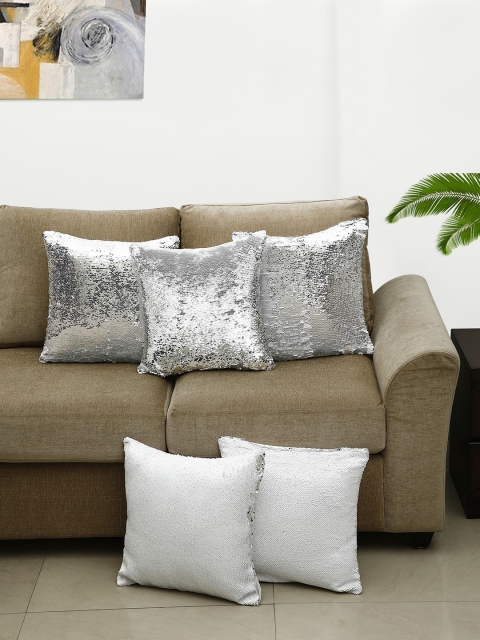 

HOSTA HOMES Set of 5 Flip Sequined Square Cushion Covers, Silver