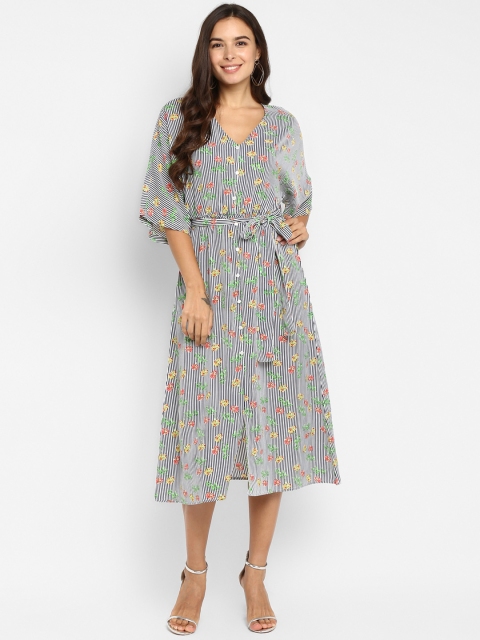 

FOSH Women Striped Grey Fit and Flare Dress