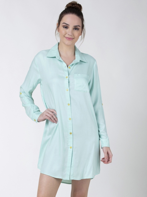 

ADORENITE Women Sea Green Solid Above-Knee Length Sleep Shirt Dress