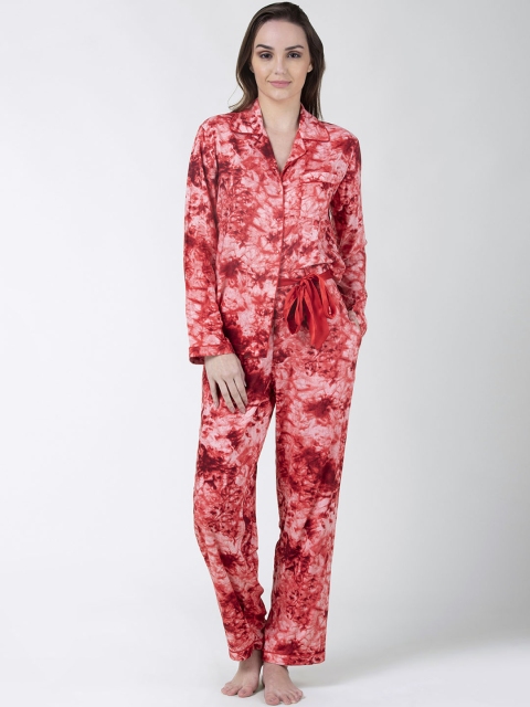 

ADORENITE Women Red Printed Night Suit With Tie-up Detail