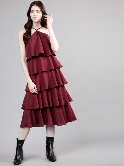 

Tokyo Talkies Women Solid Maroon Layered A-Line Dress