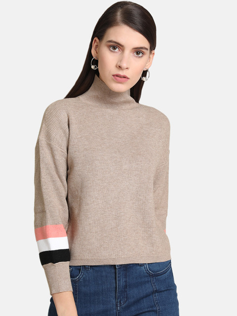 

Kazo Women Beige & Black Self Design Cuff Detail Sweatshirt