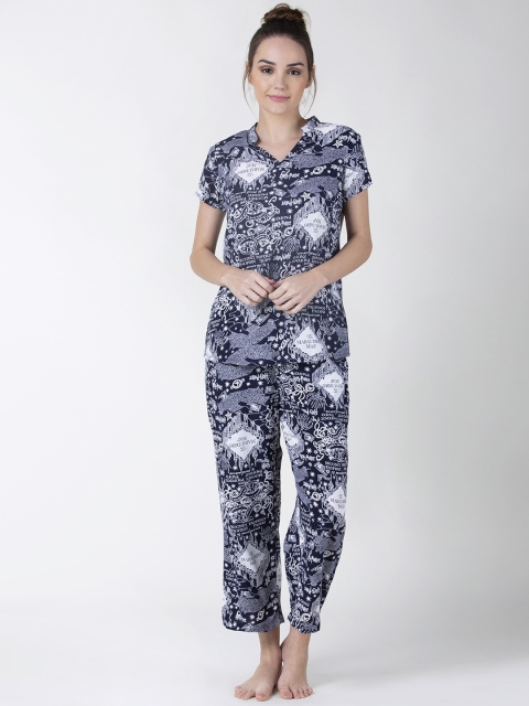 

ADORENITE Women Blue & White Printed Night suit