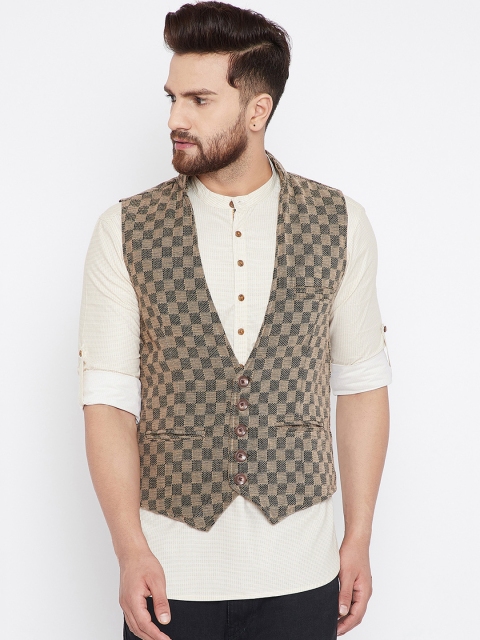 

even Men Beige & Black Checked Waistcoat