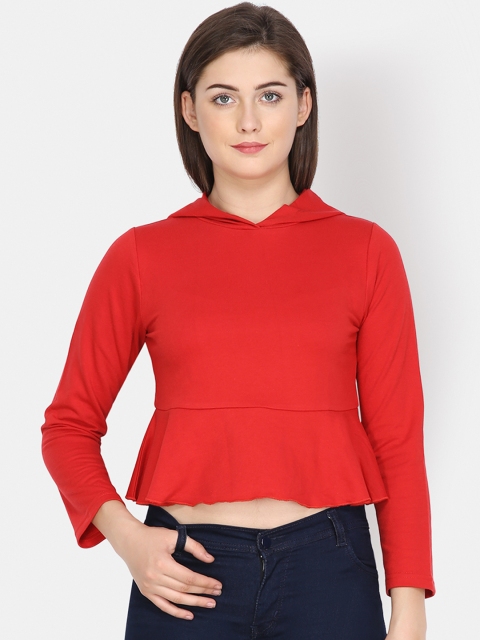 

Yaadleen Women Red Solid Hooded Crop Sweatshirt