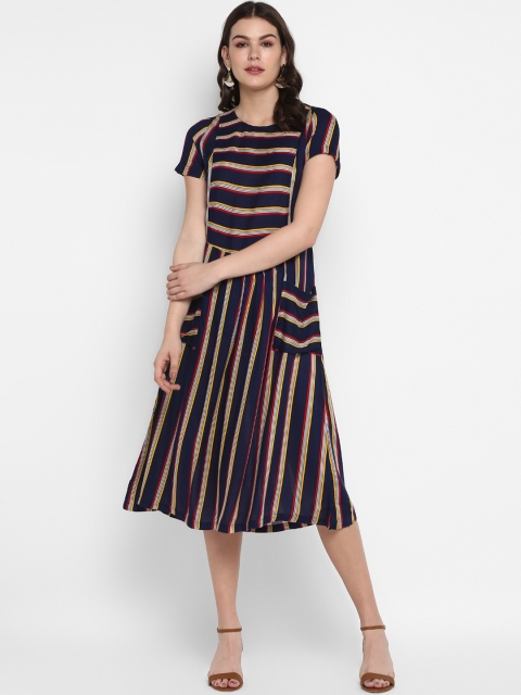 

MIAMINX Women Navy Blue & Red Striped Fit and Flare Dress