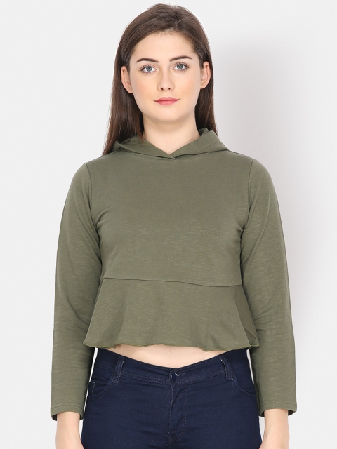 

Yaadleen Women Olive Green Solid Hooded Crop Sweatshirt