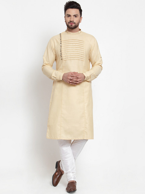 

TREEMODA Men Beige & White Yoke Design Linen Kurta with Linen Churidar