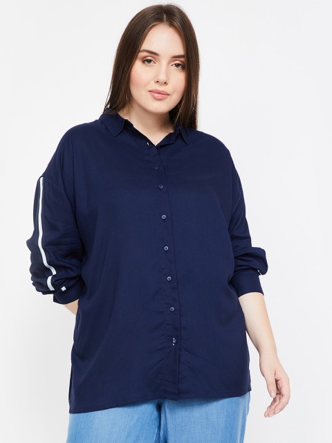 

nexus Plus Size Women Navy Blue Solid Shirt Style Top