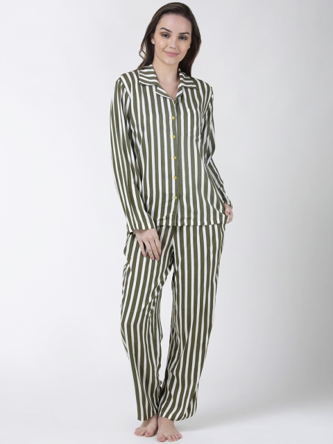 

ADORENITE Women Olive Green & White Striped Shirt and Pyjama Night Suit