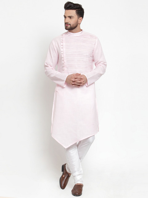 

TREEMODA Men Pink & White Yoke Design Linen Kurta with Linen Churidar