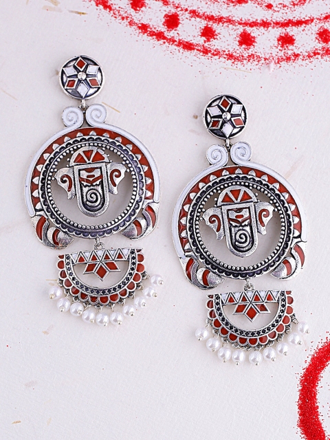 

Studio Voylla Silver-Toned & Red Oxidised Silver Plated Geometric Drop Earrings