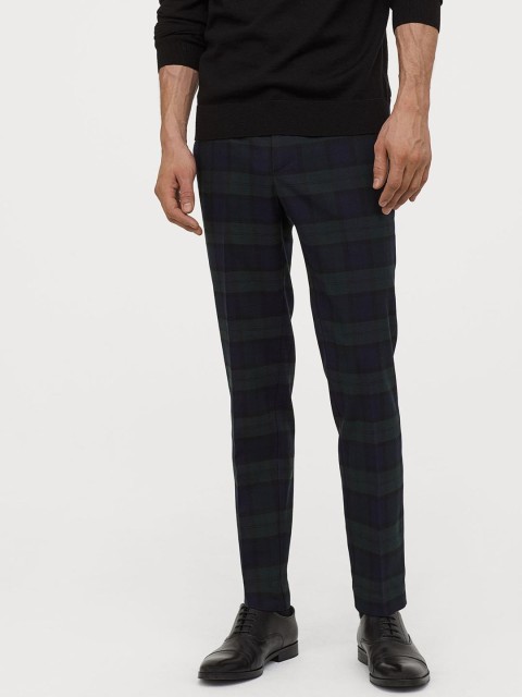

H&M Men Green & Navy Blue Checked Suit Trousers Skinny Fit