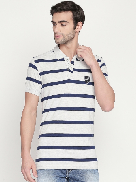 

Mufti Men Grey & Navy Blue Striped Polo Collar T-shirt