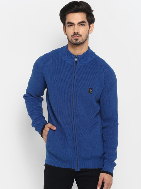 

Mufti Men Blue Solid Open Front Sweater
