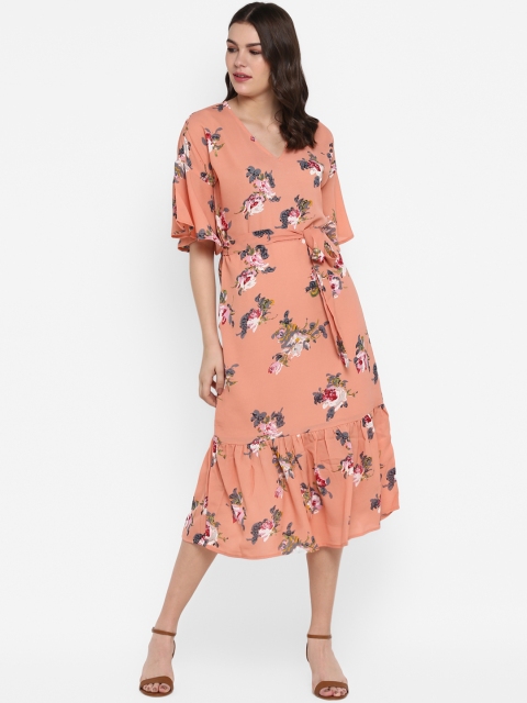 

MIAMINX Women Peach-Coloured Floral Printed Fit and Flare Dress
