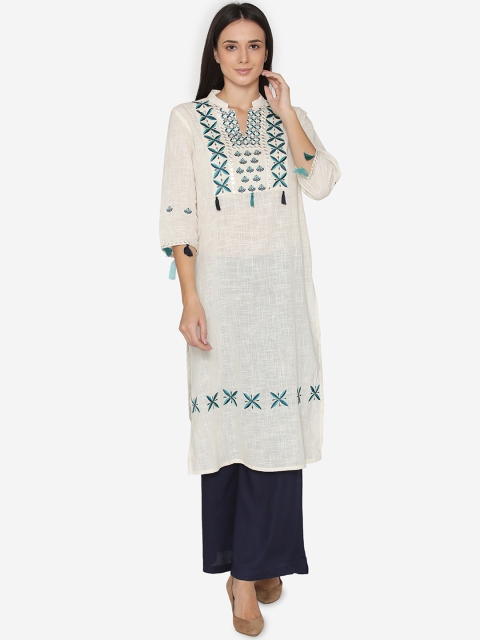 

Laabha Women Cream-Coloured & Teal Blue Embroidered Kurta With Palazzos