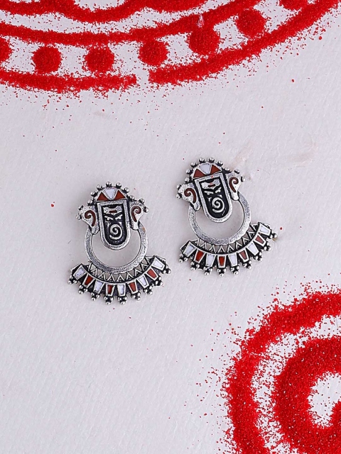 

Studio Voylla Silver-Toned & Red Oxidised Silver Plated Geometric Studs