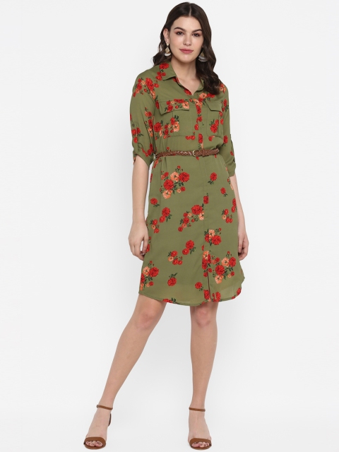 

MIAMINX Women Green Floral Printed Shirt Dress