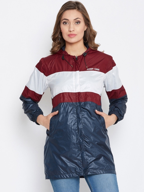 

JUMP USA Women Navy Blue & White Colourblocked Windcheater Tailored Jacket
