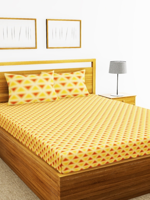 

BIANCA Orange & Yellow Geometric 144 TC Cotton 1 Queen Bedsheet with 2 Pillow Covers