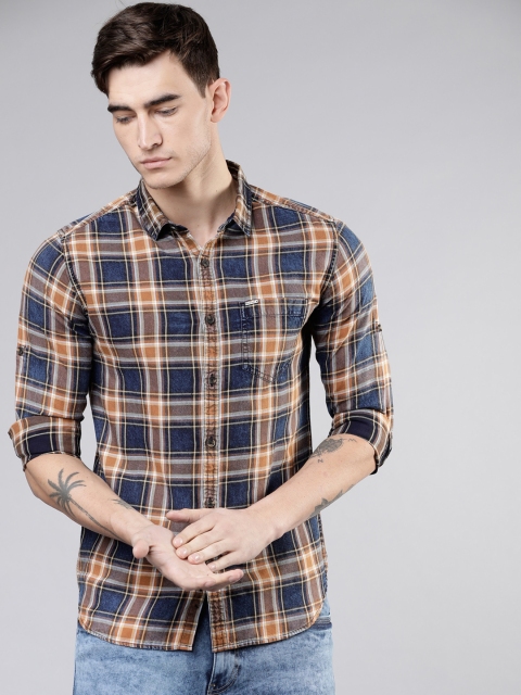 

Ecko Unltd Men Navy Blue & Orange Slim Fit Checked Casual Shirt