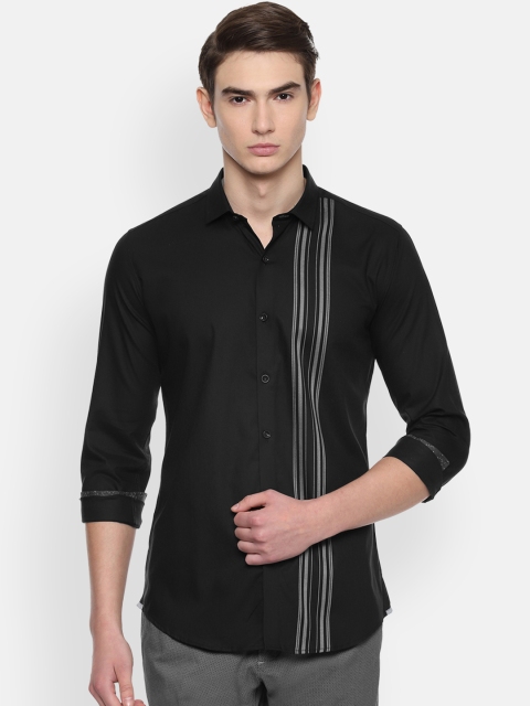 

V Dot Men Black & Grey Skinny Fit Striped Casual Shirt
