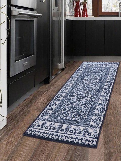 

RUGSMITH White & Blue Patterned Anti-Skid Floor Runner