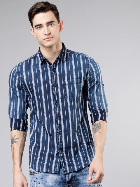 Ecko Unltd Men Blue & Grey Slim Fit Striped Casual Shirt