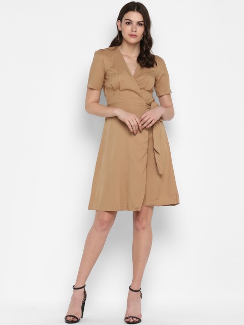 

MIAMINX Women Camel Brown Solid Wrap Dress