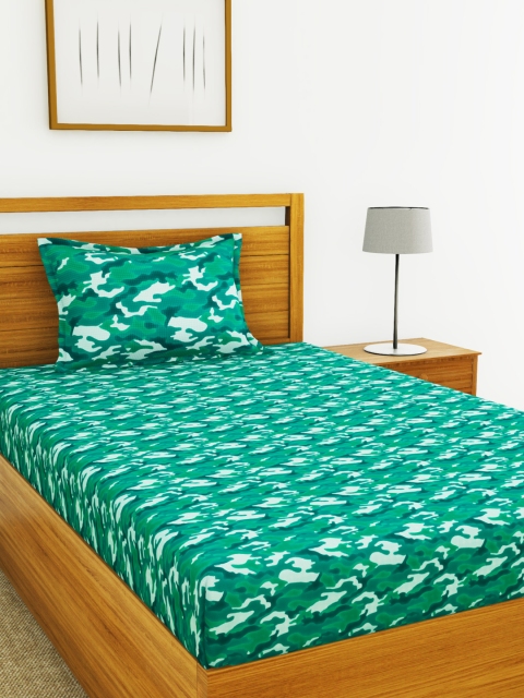 

BIANCA Green & White Abstract 144 TC Cotton 1 Single Bedsheet with 1 Pillow Covers
