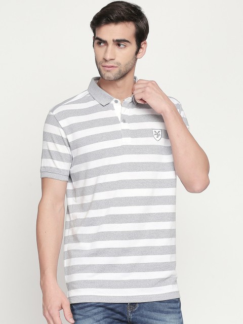 

Mufti Men White Striped Polo Collar T-shirt