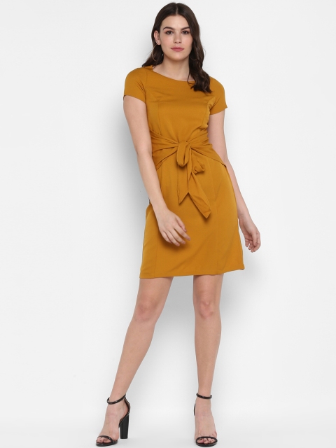 

MIAMINX Women Mustard Yellow Solid Fit and Flare Dress