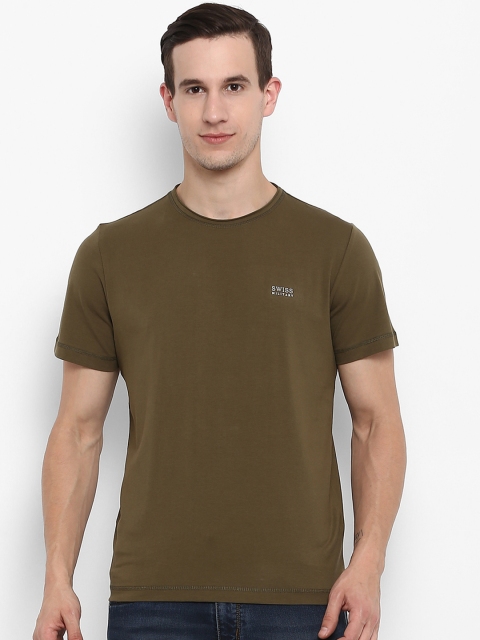 

SWISS MILITARY Men Olive Green Solid Round Neck Slim Fit T-shirt