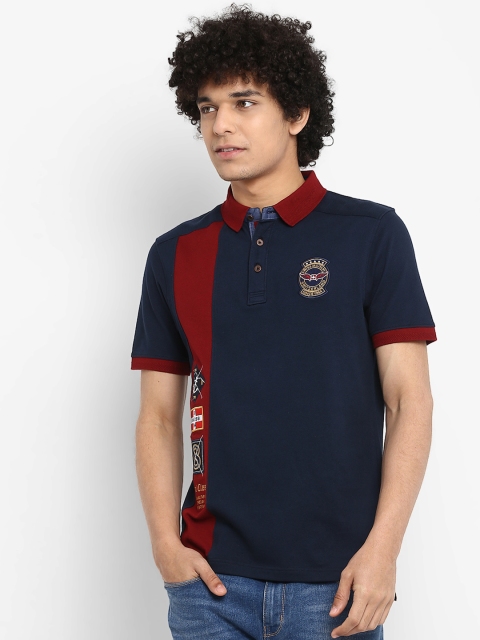 

SWISS MILITARY Men Navy Blue Colourblocked Polo Collar Slim Fit Pure Cotton T-shirt