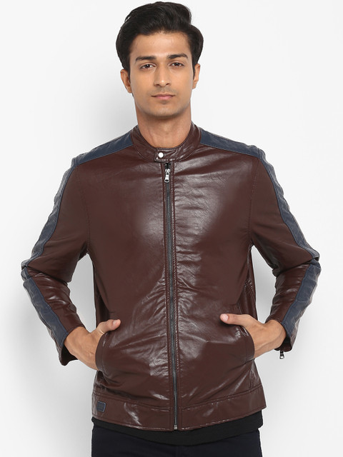 

Mufti Men Brown Colourblocked Leather Jacket