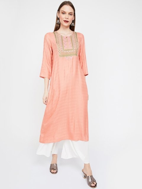 

Melange by Lifestyle Women Peach-Coloured Embroidered A-Line Kurta