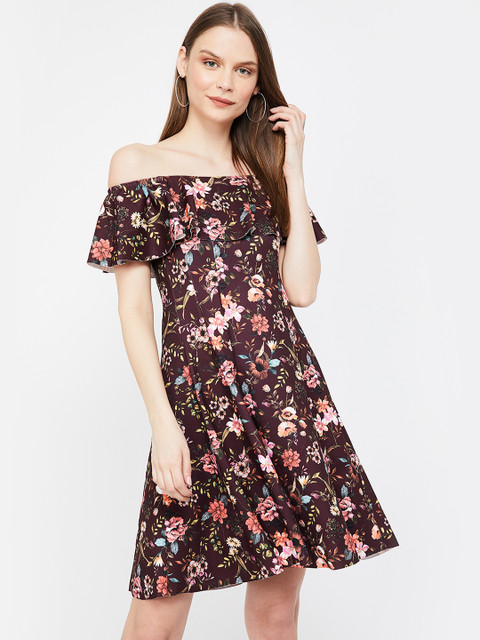

CODE by Lifestyle Women Printed Burgundy Fit and Flare Dress
