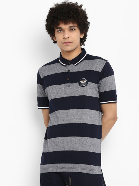 

SWISS MILITARY Men Navy Blue Striped Polo Collar Slim Fit Pure Cotton T-shirt