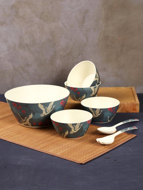 

India Circus by Krsnaa Mehta Blue Set Of 7 Printed Bamboo Bowl