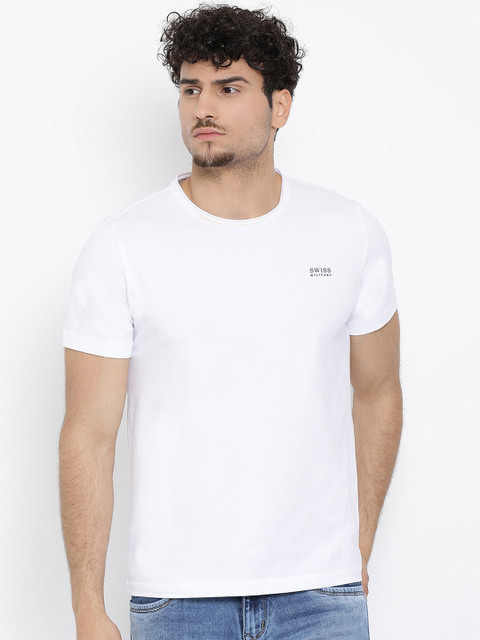 

SWISS MILITARY Men White Solid Round Neck Pure Cotton T-shirt